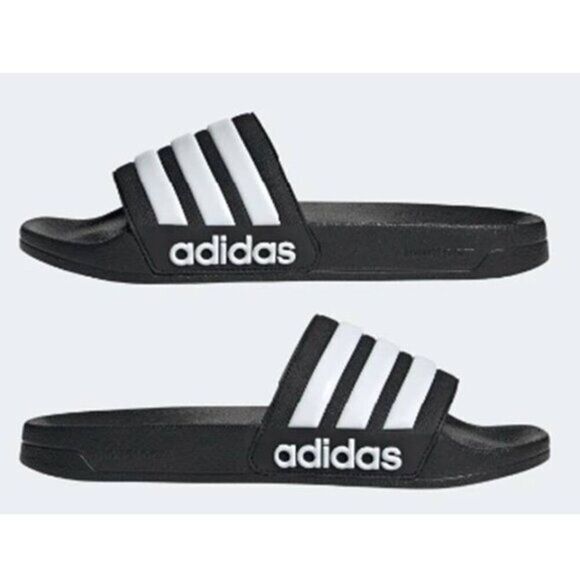 Adidas Men's Logo Adilette Black Lighweight Slides 3 Stripes - Picture 1 of 4
